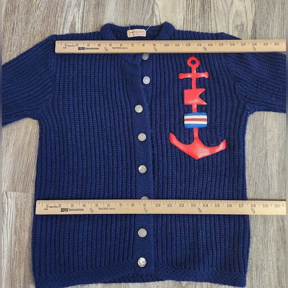 Vintage Ownen Navy Rib Knit Nautical Anchor Cardigan Sweater Button Up Womens S - Picture 10 of 11